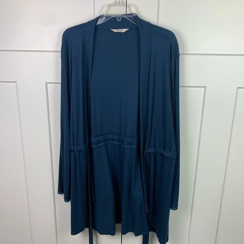 Soma MEDIUM Blue Tie Front Robe Cardigan Ribbed Sleep Lounge